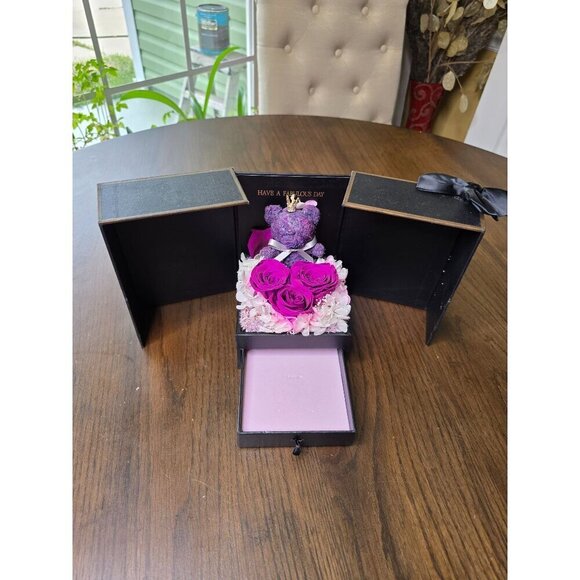 Luxury Black Gift Box With Purple Teddy Bear Preserved Roses & Decorative Flower - Picture 5 of 14
